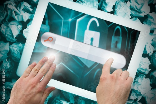 Hands touching search bar on tablet screen