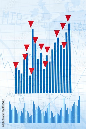 Infographic is showing blue bar chart with red inverted markers, small chart on world map grid