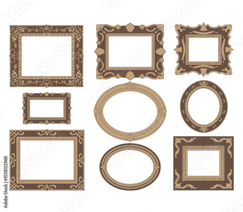 Collection of vintage wooden picture frames. Mirror, portrait icon or symbol. Vector illustration