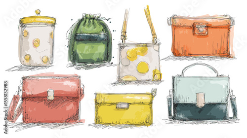 Charming hand-drawn handbag illustrations in colorful watercolor sketch style, showcasing various purse designs—great for fashion catalogs and branding.

