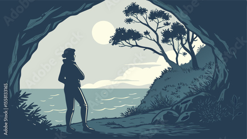 A person stands at the entrance of a cave looking out at the sea with trees and a bright moon visible