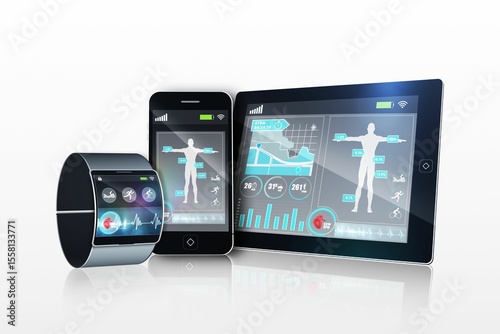 Futuristic wrist watch with tablet and smartphone