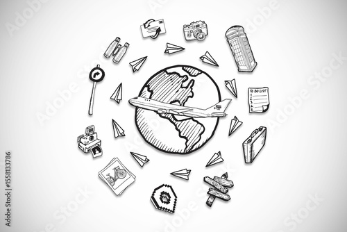 Doodle-style globe is featuring airplane flying amid paper planes circling travel icons on gradient