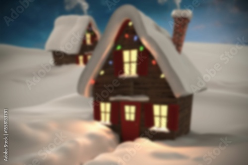 Small cabin glowing, string lights hanging and shutters, smoke rising amid snow and second cabin
