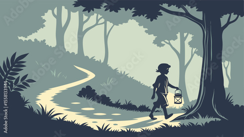 Illustration of a child walking with a lantern along a winding path through a dense and shadowy forest scene