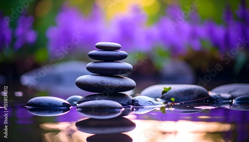 Peaceful Scene with Stacked Zen Stone in Water