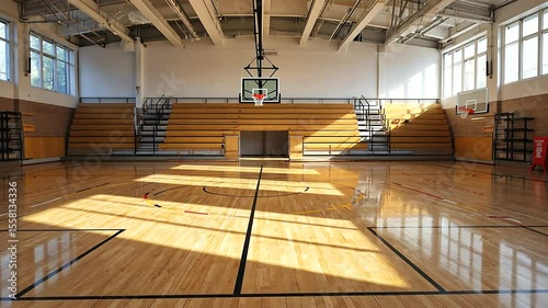 Bright and spacious indoor basketball court with polished wooden floor and natural light
