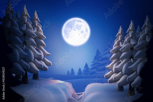 Full moon is glowing over narrow winding path between snowy pines in flat design