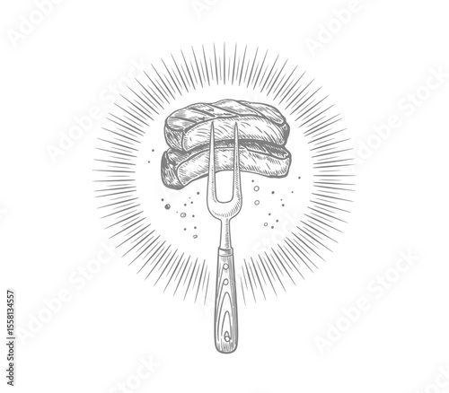 Barbecue, pieces of meat on fork food meat. Hand drawn steak BBQ sketch vector illustration