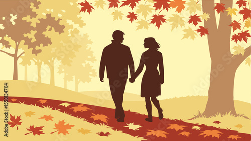 Silhouette of a couple holding hands walking on a path with falling leaves in an autumn landscape scene