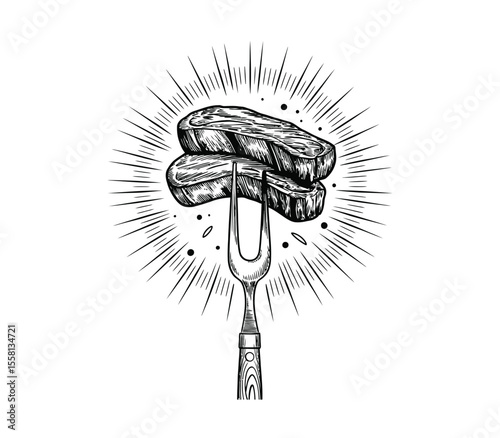 Barbecue, pieces of meat on fork food meat. Hand drawn steak BBQ sketch vector illustration