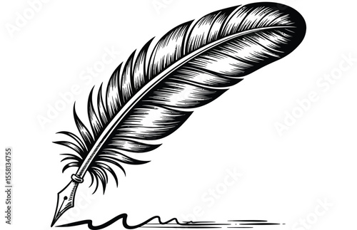 Feather quill pen graphic black white isolated sketch illustration vector