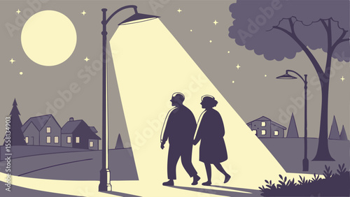 Elderly couple walking hand in hand under a street lamp at night with houses and trees in the background