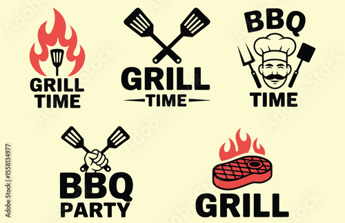 Barbecue grill labels, badges and design elements for restaurant menu. Bbq emblem set vector illustration