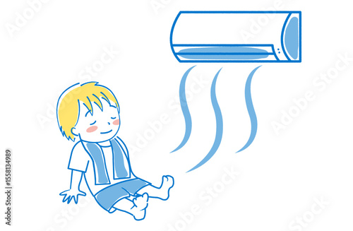 エアコンの冷房を使う子供のイラスト