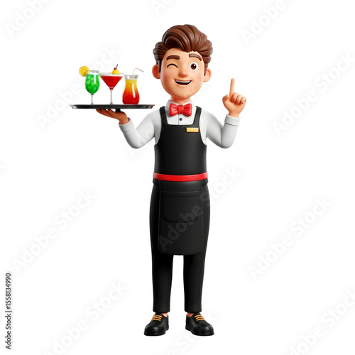 Smiling Bartender with a Tray of Cocktails