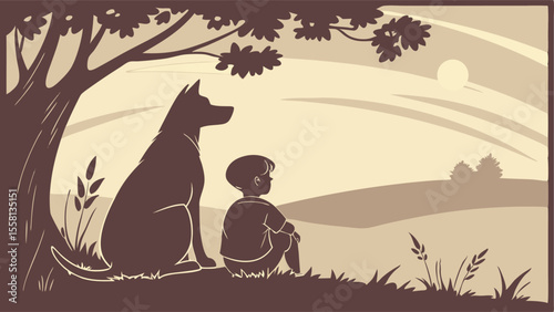 Illustration of a boy and a dog sitting under a tree watching the sunset in a sepia toned landscape