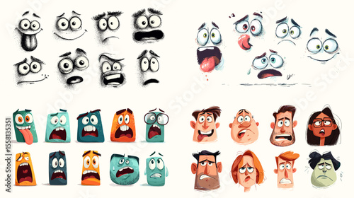 A collection of expressive cartoon faces and emotions in dynamic comic style—ideal for character design, games, stickers, and storytelling visuals.

