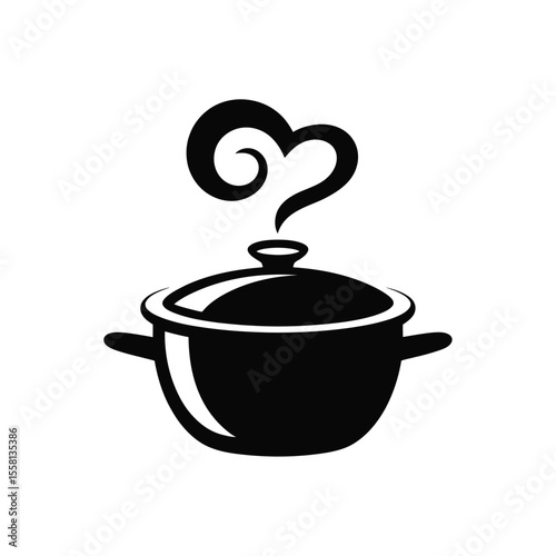 Pot with food being cooked. Cooking concept. Kitchen saucepan and steam symbol