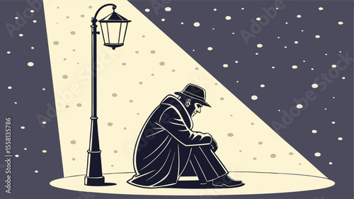 Illustration of a man in a trench coat sitting under a lamppost in the night with falling snow around him