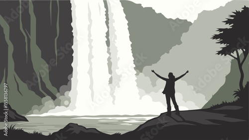 Silhouette of a person with arms raised standing before a large waterfall in a mountainous landscape view
