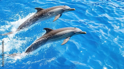 A view of three dolphins from the bottom of the water
