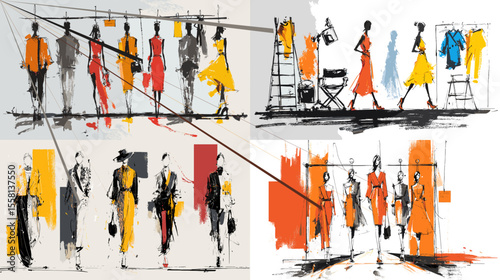 Expressive hand-drawn fashion sketches of models on the runway with bold brush strokes and vibrant accent colors—ideal for fashion design and editorial use.

