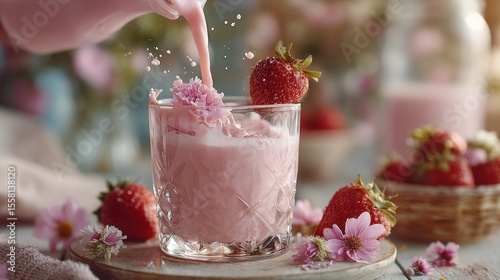 Delicate Strawberry Smoothie Pour with Floral Accents on Rustic Surface