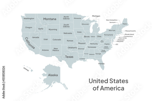 Ultra detailed USA, United States Of America map with state name and border