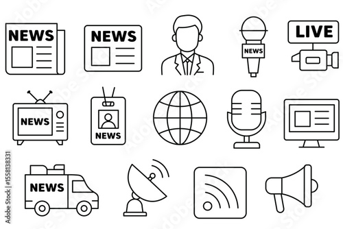News journalism reporter microphone television live broadcast satellite communication media press concept icons in black and white line style