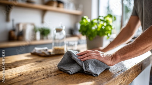 Minimalist white and wooden kitchen cleaned with care by hand holding soft towel, glowing in natural light.
