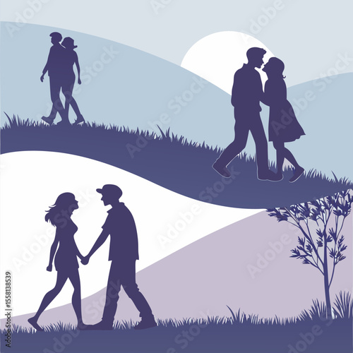 Silhouette couples walking on hills with a tree and a sun in a stylized romantic landscape design