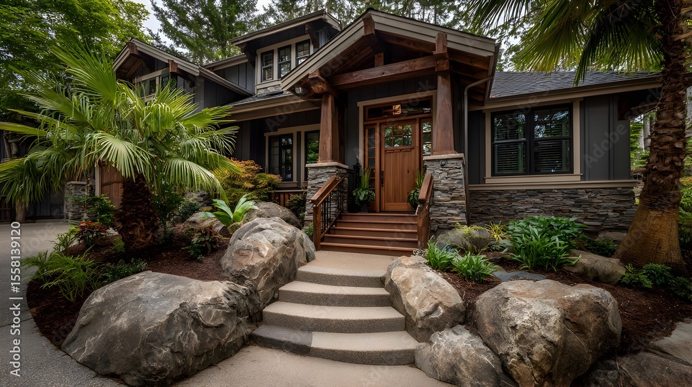 Fototapeta premium Beautiful craftsman house exterior with stone accents and lush landscaping leads to a cozy wooden doorway.