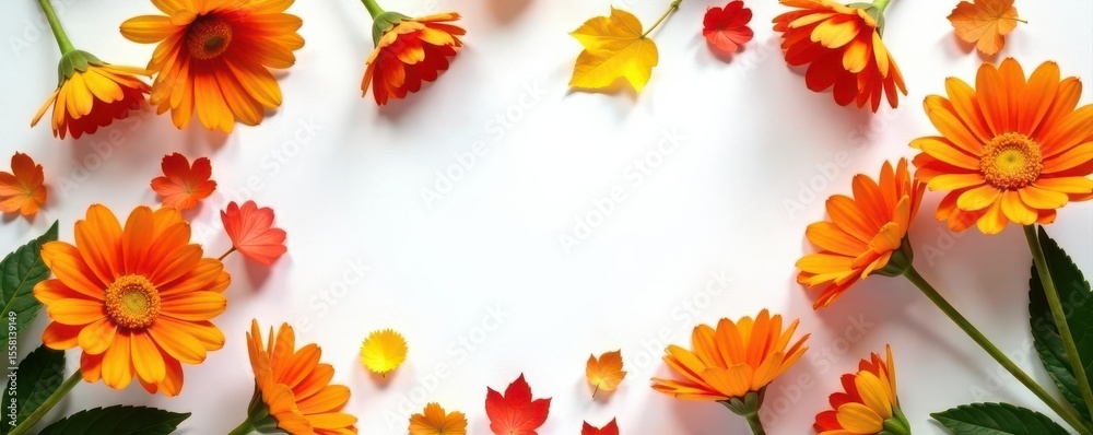 Obraz premium Orange flowers arranged in a frame on white Autumnal flatlay , background, decor, border