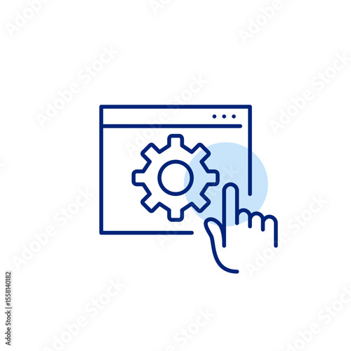 Cogwheel on web page and finger click. Interactive settings, user interface customization, on-demand configuration, clickable system controls, real-time preferences adjustment. Pixel perfect, editable
