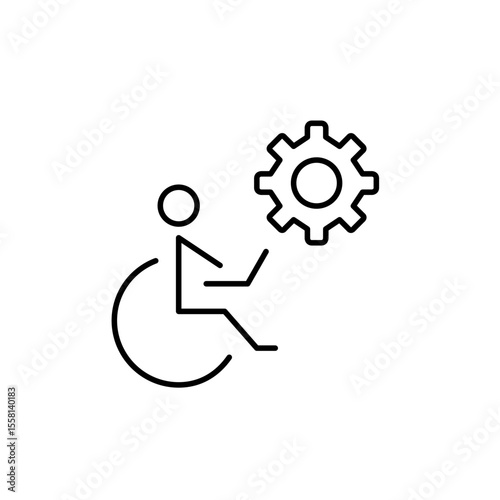 Person in wheelchair working at laptop and cogwheel. Accessibility settings, mobility support configuration, assistive technology setup, inclusive system design, adaptive user control. Pixel perfect, 