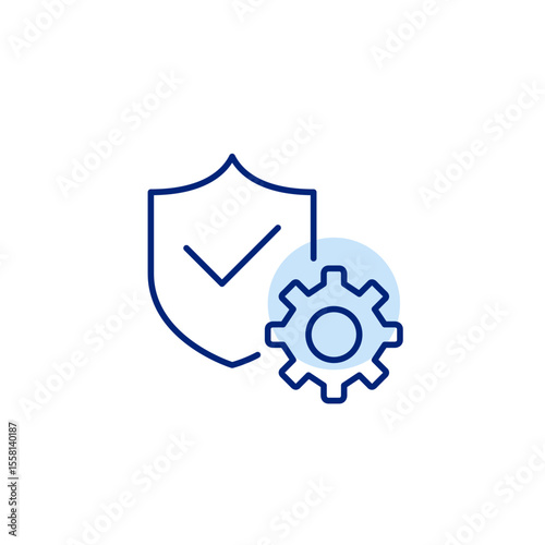 Shield with checkmark and cogwheel. Security maintenance, privacy controls, it management, settings, protection. Pixel perfect, editable stroke vector icon