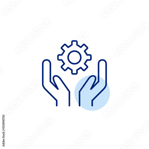 Hands and cogwheel. Manual control, user-driven settings, interactive configuration, hands-on adjustment, personalized setup. Pixel perfect, editable stroke vector icon