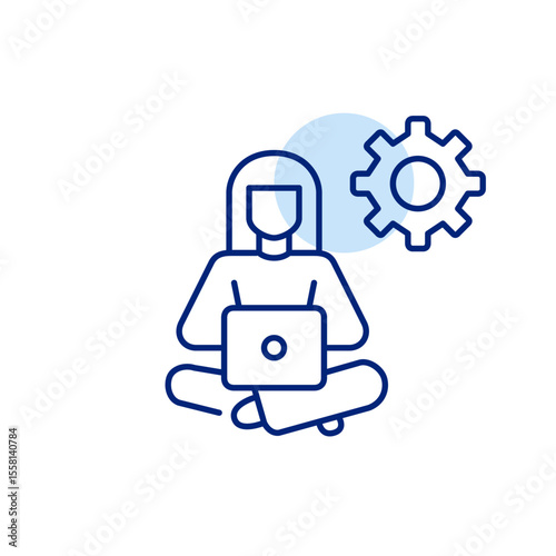 Woman working remotely at laptop and cogwheel. Account management, workflow optimization, admin control panel, digital workspace settings, user interface customization. Pixel perfect, editable stroke 