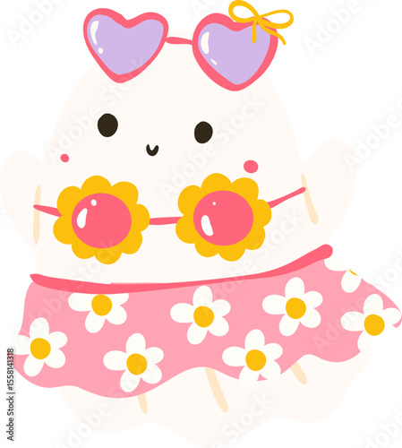 Cute Ghost in Summer Bikini and Flower Skirt Illustration

