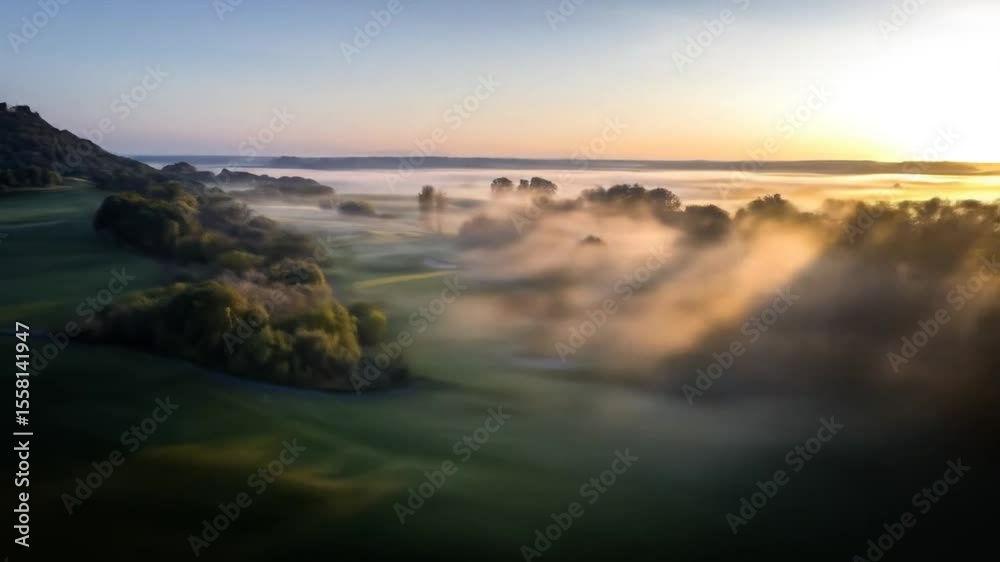 Misty Sunrise over a Rolling Golf Course with a Hilltop Castle Misty Sunrise over a Rolling Golf Course with a Hilltop Castle
