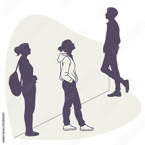Silhouettes of three people standing against a wall with one woman carrying a bag and looking up ahead