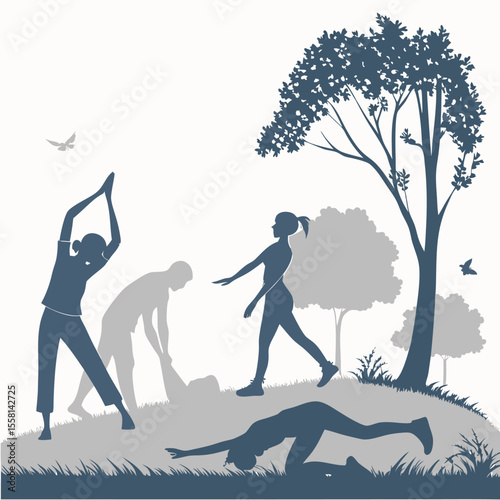 People exercising in a park with trees and grass doing yoga and stretching in a natural environment outdoors