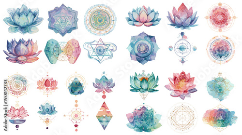 Elegant watercolor lotus flowers and sacred mandala icons in soft pastel colors, perfect for yoga, meditation, and spiritual design themes.

