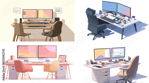 Colorful flat-style home office illustrations featuring dual monitors, cozy chairs, desk accessories, and tech gadgets—ideal for remote work themes.

