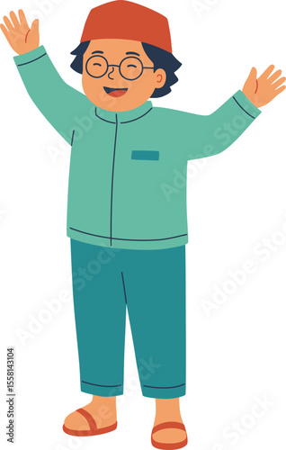 Cheerful Muslim Boy with Glasses Greeting

