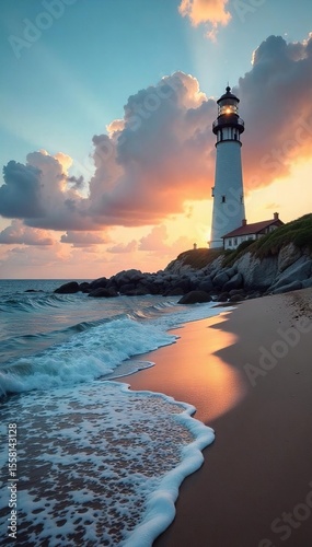 Majestic Lighthouse on Pristine Sandy Beach, Dramatic Coastal Scene, Serene Ocean Waves, Peaceful Vacation Ambiance