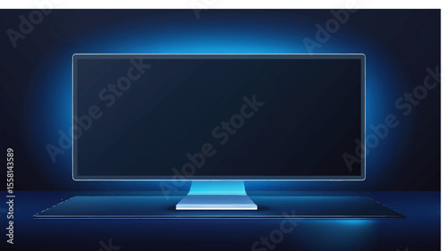 LCD monitor showing a blank blue screen on a digital desktop setup