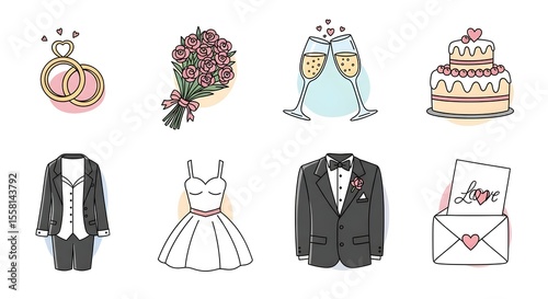 Cute Wedding Illustrations Rings, Dress, Cake, and More