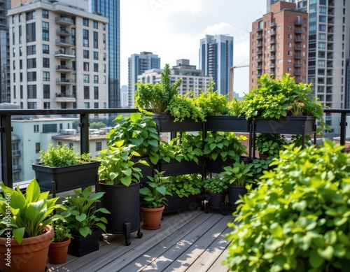 a balcony garden filled with small modular growing kit systems stacked vertically, modern cityscape background